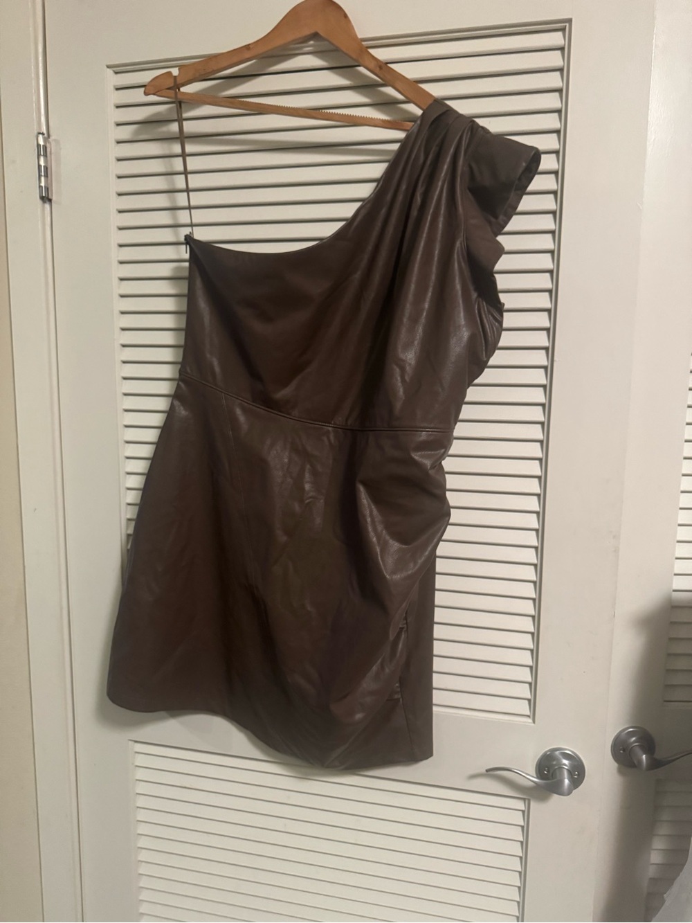 Nasty Gal One-Shoulder Faux Leather Dress in Brown